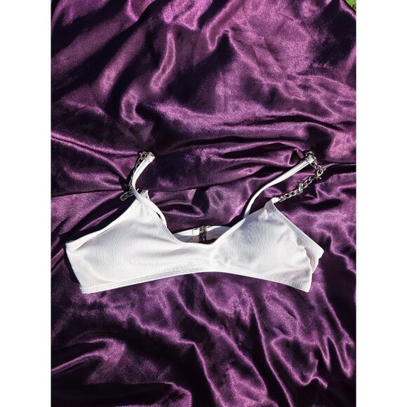 White Ribbed Swim Top Bralette With Chain Straps & Back Clasp Closure*34B - Picture 4 of 7